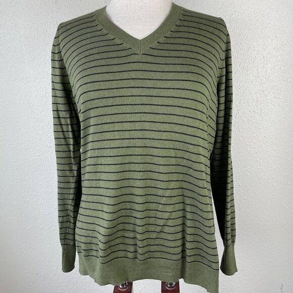 Worthington Green Striped V Neck Sweater EUC - Picture 1 of 8